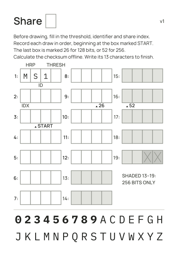 The record form: nineteen numbered groups of four boxes, with small
                marks under the first drawn box and the last for each seed size.